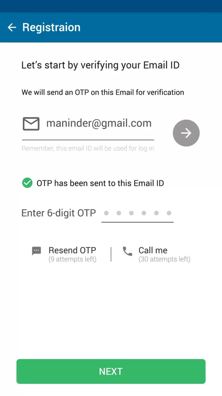 registration screen ui design for mobile android version for UMANG services
